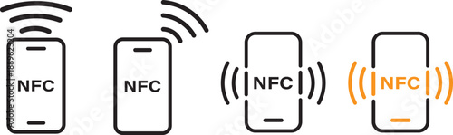 Minimalist NFC icons. Professional wireless connection and RFID symbols. Modern mobile payment and sync elements. Clean line art contactless technology icons.