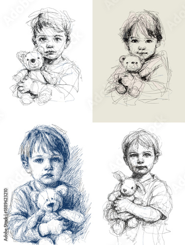 Hand drawn sketch illustration of a little child holding a teddy bear. Emotional pencil style artwork ideal for childhood memories parenting themes books and vintage design.