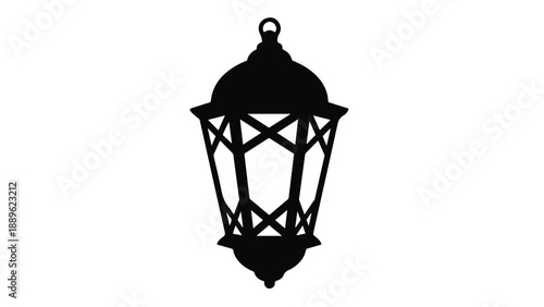 Elegant black silhouette of a vintage lantern with intricate geometric patterns, isolated on a white background