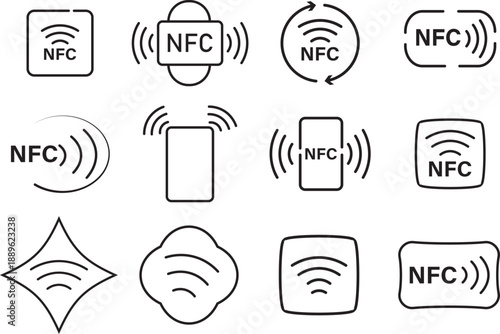 NFC line icon set. Modern near field communication and wireless symbols. Contactless payment and data transfer icons. Vector technology interface elements
