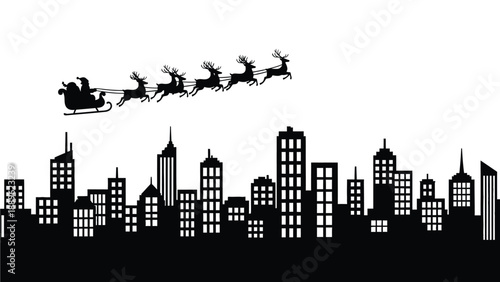 Santa Claus flying over a city skyline in his sleigh pulled by reindeer
