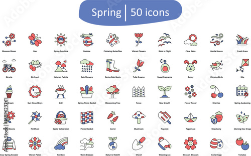 Spring icons set featuring flowers, leaves, sun, butterflies, rain, and nature elements in a clean modern style, perfect for seasonal design, web, apps, and branding projects