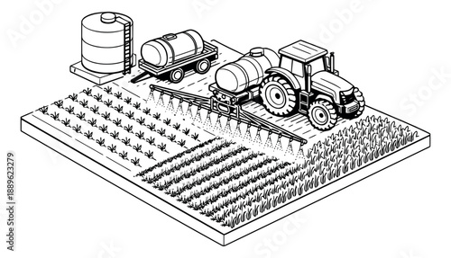 Isometric line art illustration of a tractor spraying crops depicting modern agriculture for farming concepts