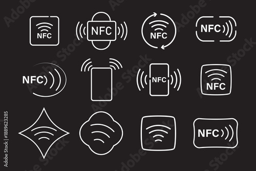 NFC line icon set. Modern near field communication and wireless symbols. Contactless payment and data transfer icons. Vector technology interface elements