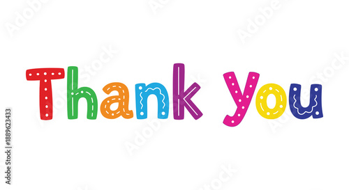 A vibrant and colorful illustration displays the words thank you in a playful hand drawn style with various hues
