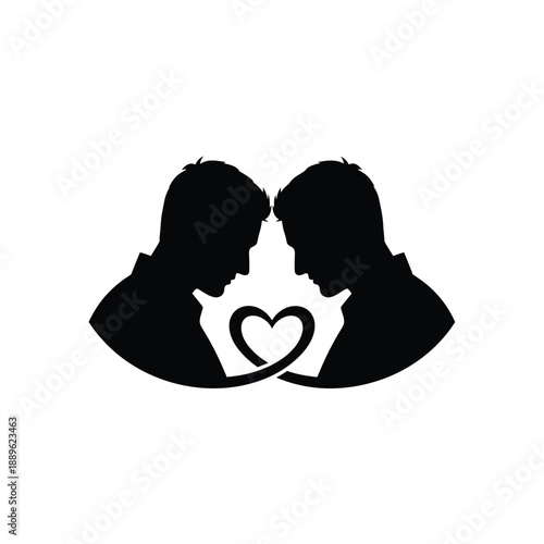Gay couple love heart vector illustration. two male silhouettes facing each other, with an intertwined heart shape formed between them, symbolizing homosexual love and romantic connection