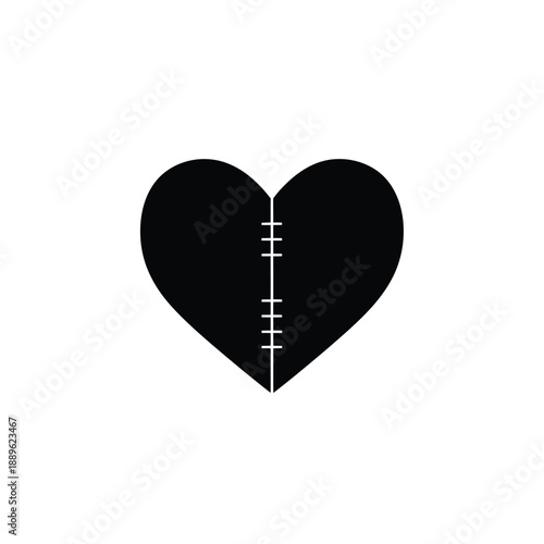 Stitched heart icon vector illustration. black color icon of a heart that has been split in half and then stitched back together, isolated on a white background, representing mended love or recovery