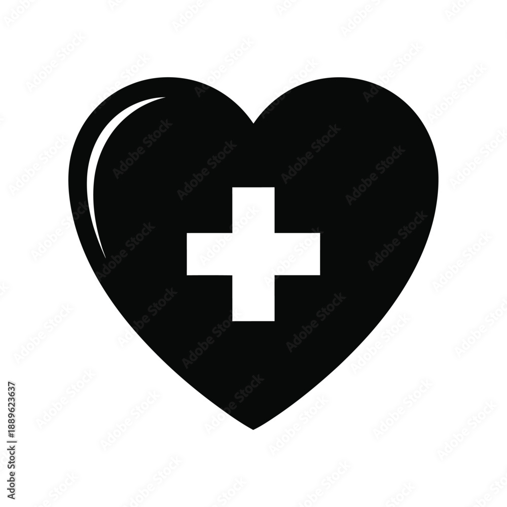 Obraz premium Black heart symbol with white plus sign inside representing healthcare or medical assistance love and support for health and wellness initiatives