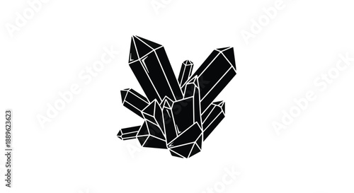 Cluster of black quartz crystals against a clean white background, symbolizing raw energy and geological formations.