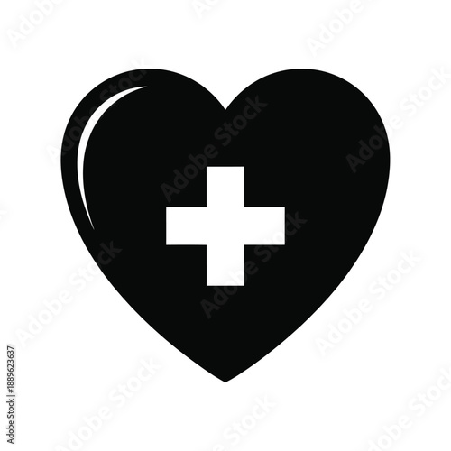 Black heart symbol with white plus sign inside representing healthcare or medical assistance love and support for health and wellness initiatives
