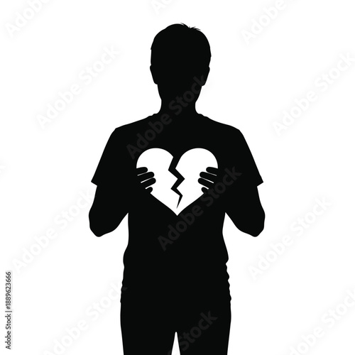 Silhouette of person holding broken heart in hands symbolizing heartbreak sadness loss of love emotional pain and relationship breakup illustration