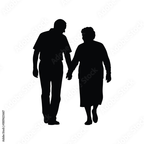 Elderly couple walking hand in hand silhouette, symbol of eternal love, companionship, and shared journey through life, representing unity and devotion.