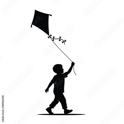 Silhouette of boy walking while flying kite, joyful expression, outdoor park setting, sunny day, enjoying summer vacation, recreational activity