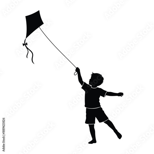 Boy playing with kite silhouette vector illustration showing active child enjoying outdoor activity in park during summer season leisure time for kids sports recreation and fun childhood memories art
