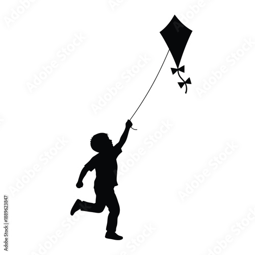 Little boy running with flying kite silhouette vector illustration for kids active lifestyle and outdoor sports promotion during summer holidays and sunny weather park activities on background
