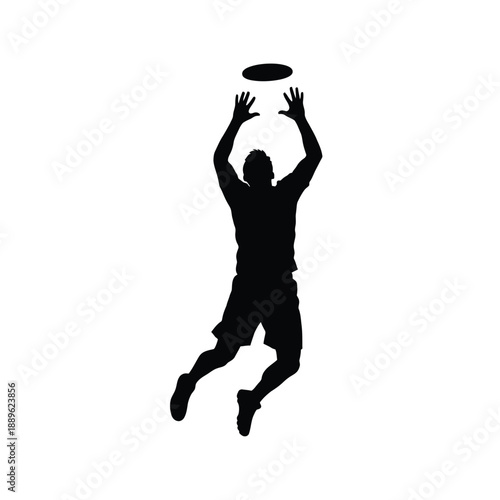 Ultimate frisbee player silhouette, male athlete jumping to catch disc, dynamic action shot, sports competition, active man, athletic performance, recreational activity