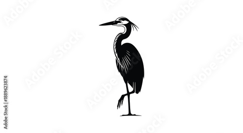 A striking black silhouette of a great blue heron standing gracefully showcasing elegant lines and form silhouette high quality professional detailed