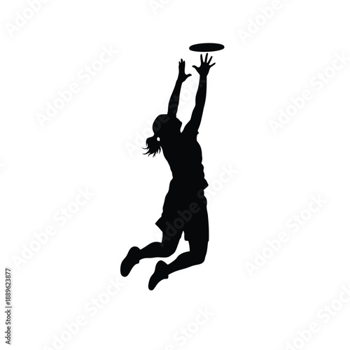 Ultimate frisbee player silhouette, female athlete jumping to catch disc, dynamic action shot, sports competition, active woman, athletic performance, recreational activity
