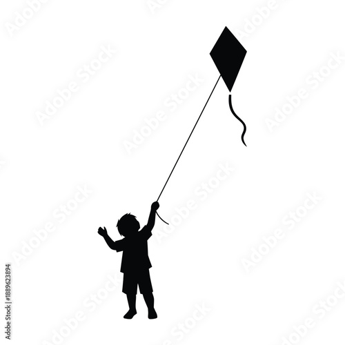 Silhouette of young boy joyfully flying diamond shaped kite against bright white background, capturing moments of childhood outdoor recreation, pure happiness, and innocent fun in summer leisure
