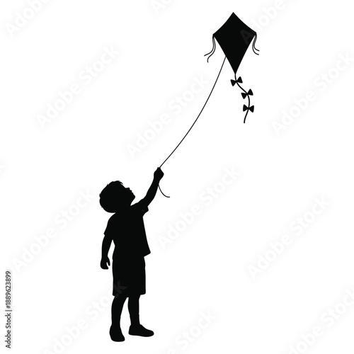 Little boy flying kite silhouette, child holding string, outdoor play, childhood joy, summer recreation, leisure activity, innocent fun, carefree moments, playful youth