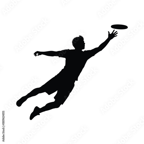 Ultimate frisbee player jumping catch silhouette vector illustration, agile man in shorts and t-shirt reaching for disc, dynamic leap isolated graphic art