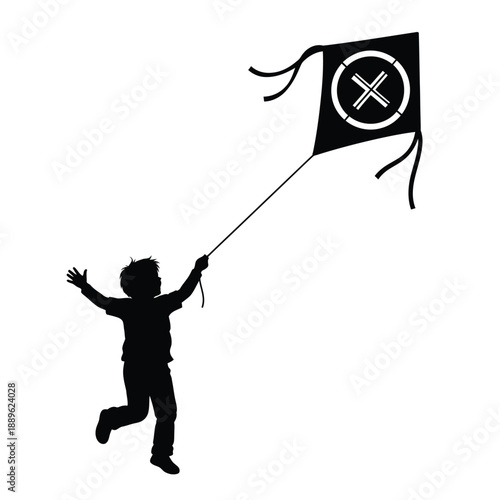 Little boy flying kite silhouette vector illustration, child running with toy in hand, joyful outdoor activity, playful moment isolated graphic art