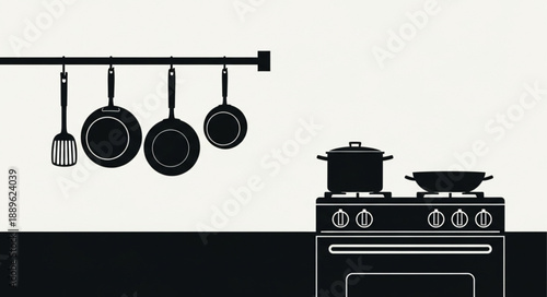 Kitchen stove with pots and pans hanging on rack.