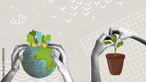Earth care and sustainable development. A trendy halftone collage. The concept is to build a sustainable future and protect natural resources.