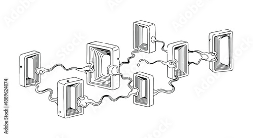 Abstract network of interconnected rectangular shapes with flowing lines symbolizing communication or data transfer.