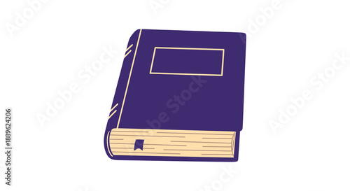 A simplistic illustration depicts a closed dark purple book with golden edges and a bookmark visible high quality