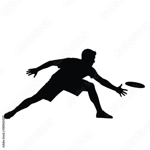 Low angle ultimate frisbee catch silhouette for dynamic sports marketing and athletic performance illustration showing man reaching for flying disc isolated on white background for design projects