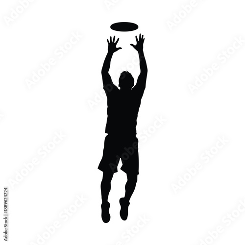 Silhouette of ultimate frisbee player leaping high in air to catch disk against white background isolated for sports related design projects or athletic competition visuals