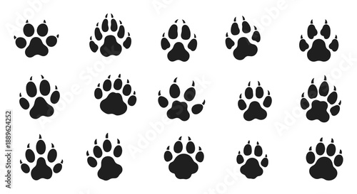A repeating pattern of dark animal paw prints against a stark white background fills the frame creating visual texture