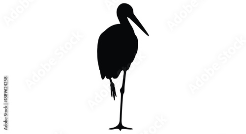 A striking black silhouette of a long legged wading bird possibly a stork or heron against a plain white background silhouette