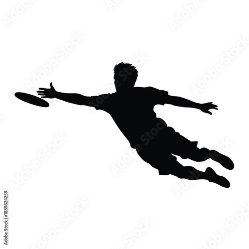 Silhouette of ultimate frisbee player diving to catch disk against white background isolated for energetic sports designs athletic marketing materials and dynamic action scenes