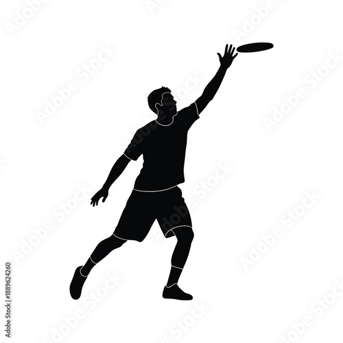 Silhouette of ultimate frisbee player reaching high for disk against white background isolated for sports related design projects athletic competition visuals and active lifestyle themes