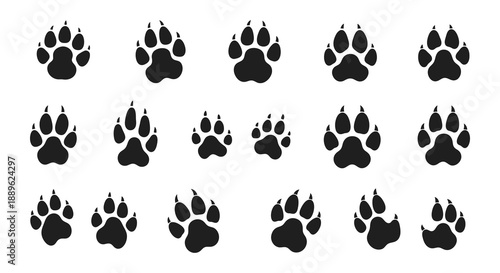A simple arrangement of black paw prints against a white background depicting animal tracks and footprints high quality