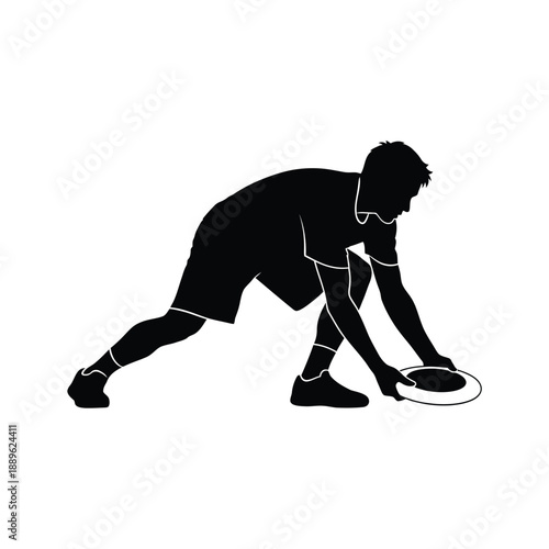 Man picking up frisbee black silhouette isolated vector illustration on white background, male retrieving disc, outdoor sport activity, summer game, recreational fun, ultimate frisbee player