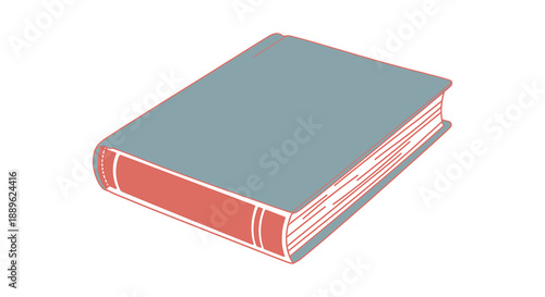 A simple illustration depicts a closed rectangular book with a blue cover and red edges resting on a surface