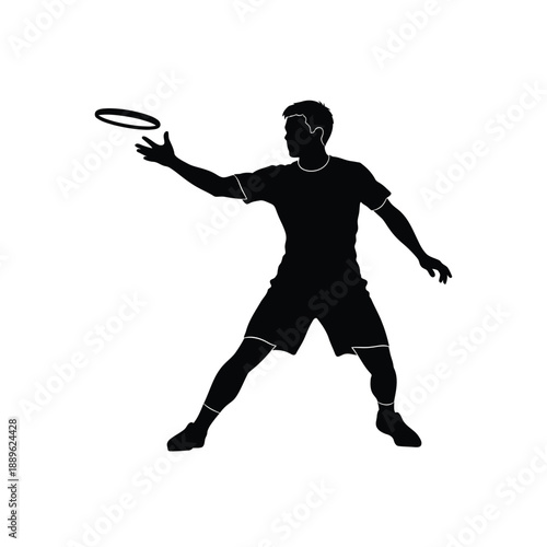 Man playing frisbee black silhouette isolated vector illustration on white background, male throwing disc, outdoor sport activity, summer game, recreational fun, ultimate frisbee player