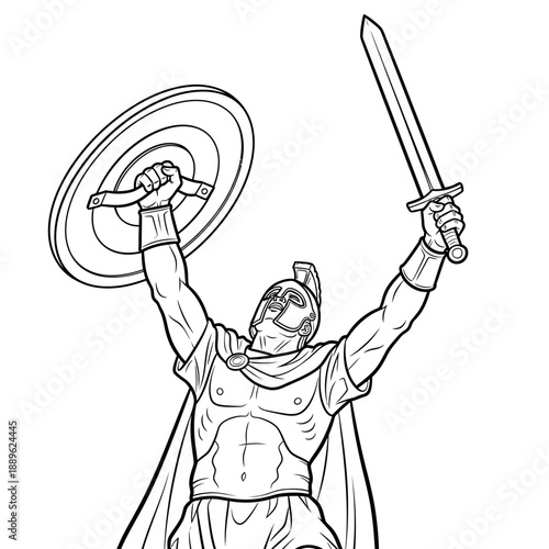 Victorious Spartan Warrior with Sword and Shield Raised in Triumph.