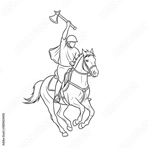 Warrior on Horseback Raising Axe in Victory.