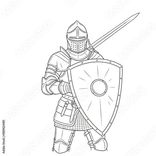Medieval knight in full armor holding sword and shield ready for battle.
