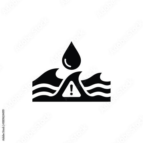 Water pollution warning icon showing toxic liquid droplet falling into ocean waves with exclamation mark hazard sign simple black vector illustration for environmental awareness and sea ecology