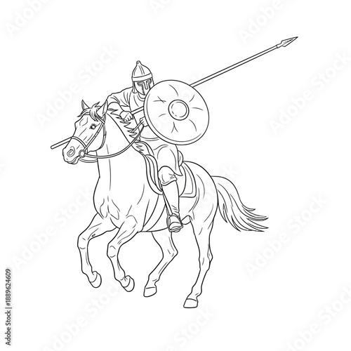 Medieval Knight Warrior on Horseback with Spear and Shield.