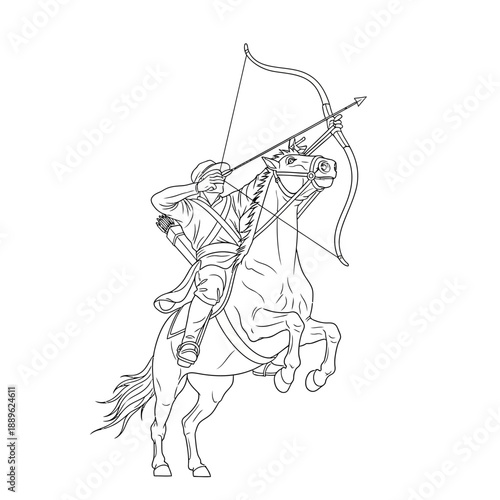 Mongolian Horse Archer Drawing Ready to Shoot Arrow.