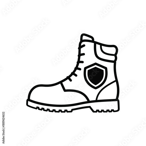 Safety industrial boot icon with protective shield symbol for footwear protection equipment footwear design for professional workers construction site uniform accessory protective leather sneaker