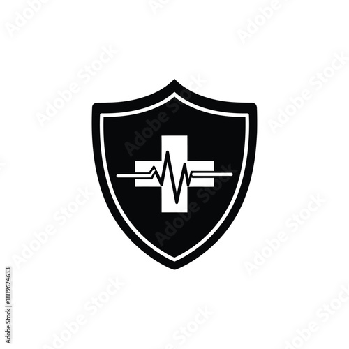 Cross with heartbeat ecg line inside shield, medical health insurance protection, healthcare symbol security, life support and wellness safety icon, secure treatment concept