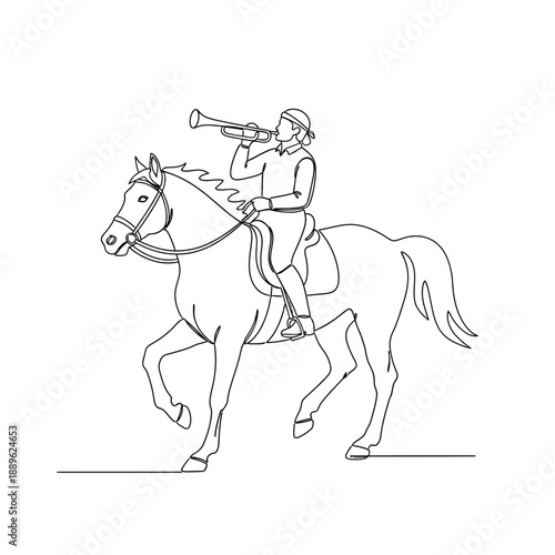 One continuous line drawing of a horseman blowing a trumpet horn.
