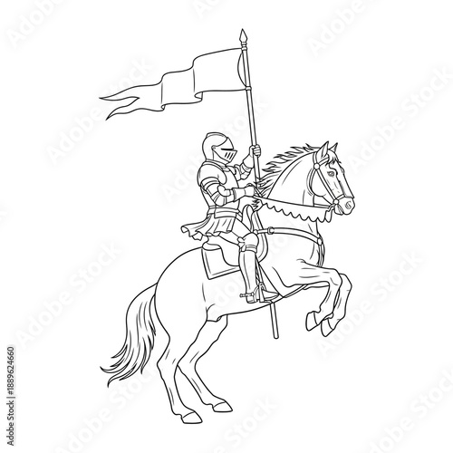Outline drawing of a medieval knight in armor on a rearing horse holding a flag.